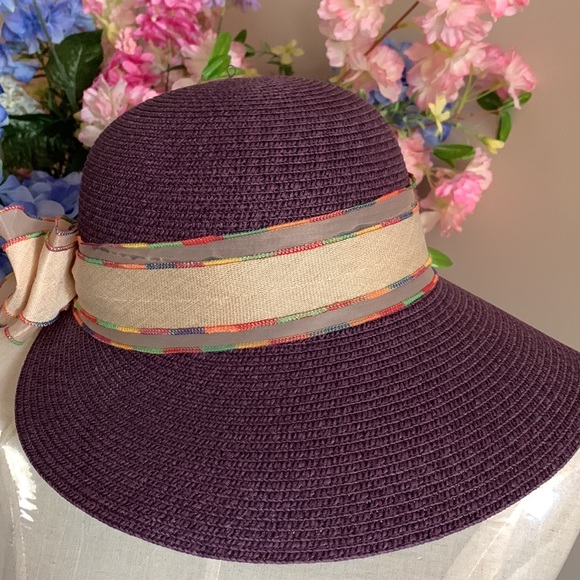 Wide brim straw sun hat with ribbon, EUC - Picture 5 of 11